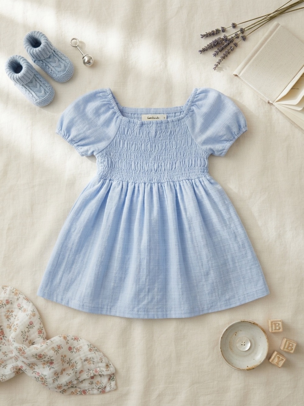 GAP Light Blue Smocked Puff-Sleeve Dress